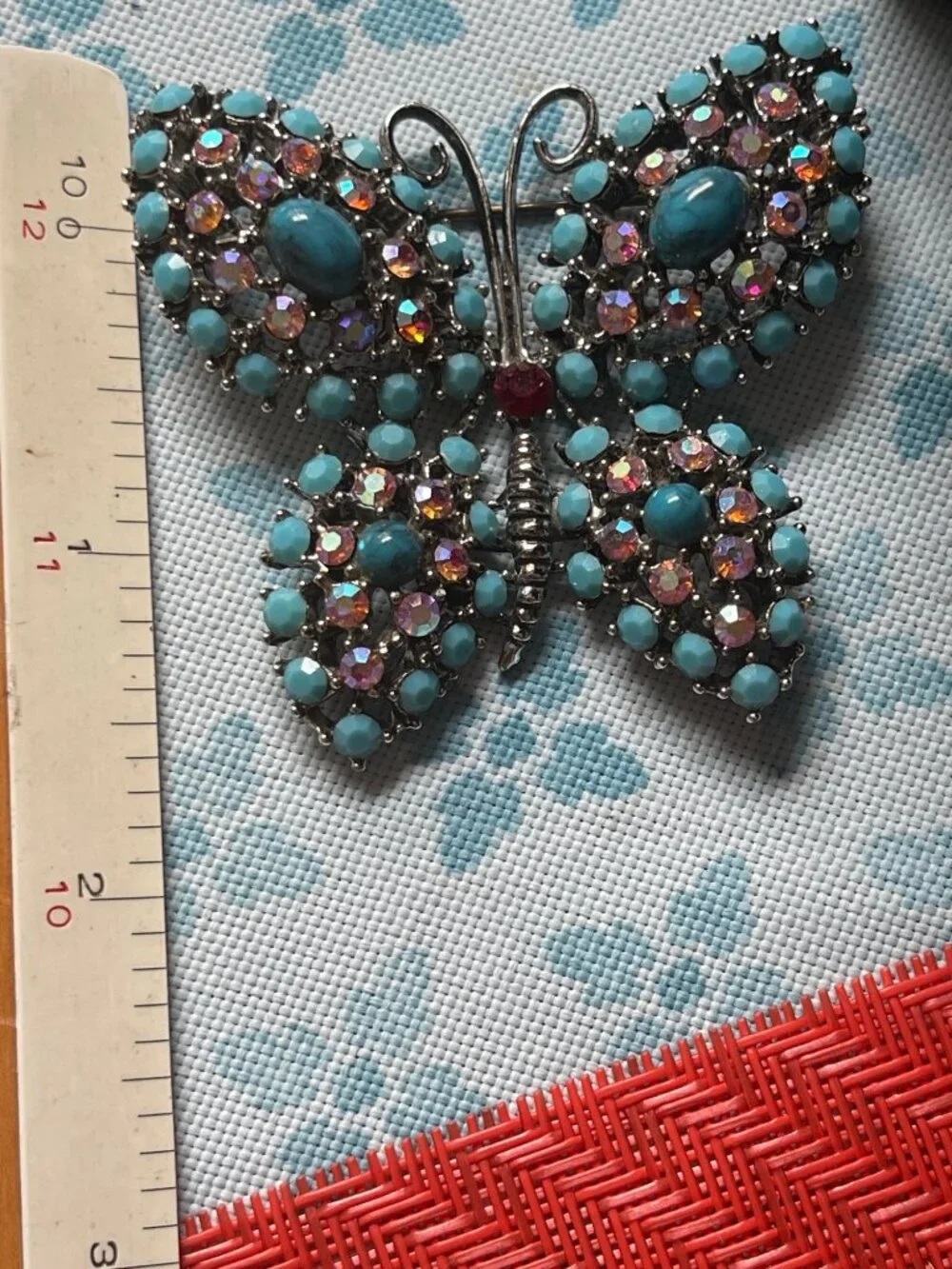VTG Weiss Bejeweled Butterfly Brooch Turquoise Cabochons & Rhinestones 3.5